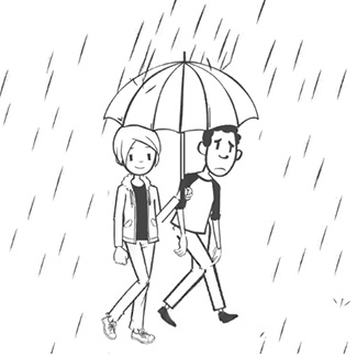 Whiteboard drawing of someone holding an umbrella over their peer